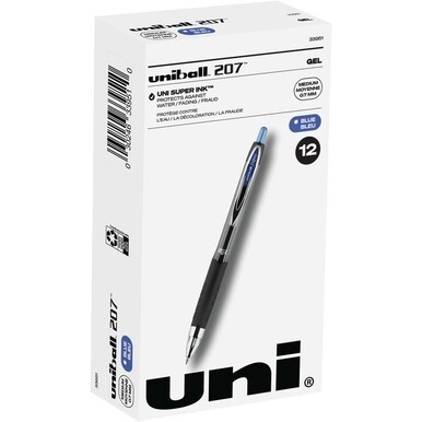 uniball&amp;trade; 207 Gel Pen - Medium Pen Point - 0.7 mm Pen Point Size - Refillable - Retractable - Blue Gel-based Ink - 1 Dozen