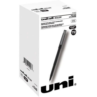 uniball&amp;trade; Roller Rollerball Pen - Micro Pen Point - 0.5 mm Pen Point Size - Black Liquid Ink - Black Barrel - 72 / Pack