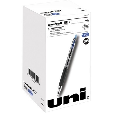 uniball&amp;trade; 207 Gel Pen - Medium Pen Point - 0.7 mm Pen Point Size - Refillable - Retractable - Blue Gel-based Ink - 36 / Pack