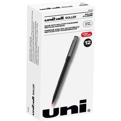 uniball&amp;trade; Roller Rollerball Pen - Micro Pen Point - 0.5 mm Pen Point Size - Red Water Based Ink - Black Stainless Steel Barrel - 1 Dozen