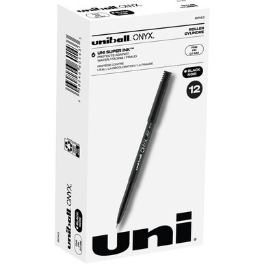 uniball&amp;trade; Onyx Rollerball Pens - Fine Pen Point - 0.7 mm Pen Point Size - Conical Pen Point Style - Black Dye-based Ink - Matte Black Barrel - Metal Tip - 1 Dozen