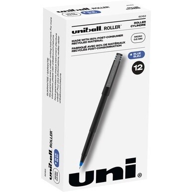 uniball&amp;trade; Roller Rollerball Pen - Micro Pen Point - 0.5 mm Pen Point Size - Blue Water Based Ink - Black Stainless Steel Barrel - 1 Dozen