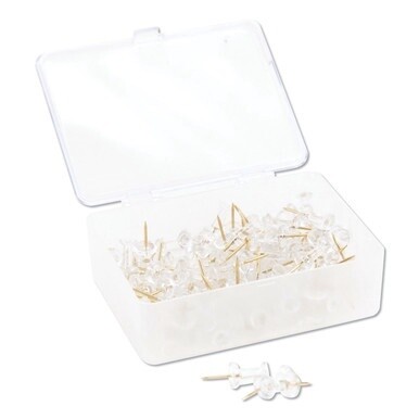 Standard Push Pins, Plastic, Clear, Clear Head/Gold Pin, 0.44&quot;, 100/Pack