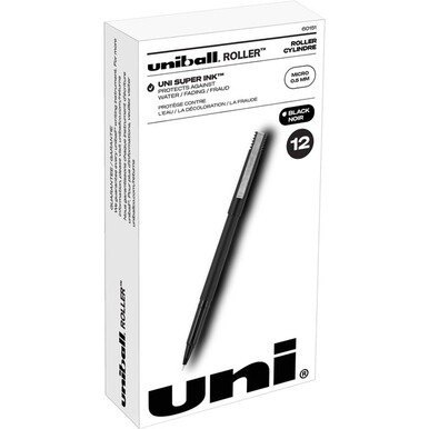 uniball&amp;trade; Roller Rollerball Pen - Micro Pen Point - 0.5 mm Pen Point Size - Black Water Based Ink - Black Stainless Steel Barrel - 1 Dozen