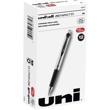 uniball&amp;trade; 207 Impact RT Gel Pens - Bold Pen Point - 1 mm Pen Point Size - Refillable - Retractable - Red Gel-based Ink - Metallic Barrel - 1 Dozen