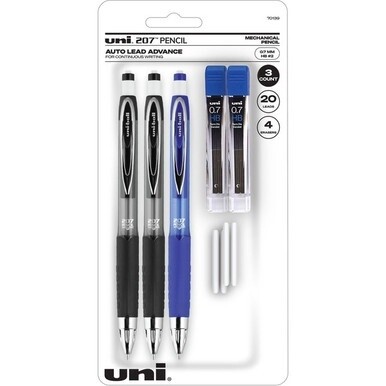 uniball&amp;trade; 207 Mechanical Pencils - HB/#2 Lead - 0.7 mm Lead Diameter - Black Lead - Assorted Barrel - 3 / Pack