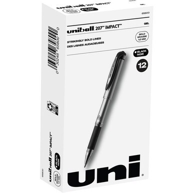 uniball&amp;trade; 207 Impact Gel Pen - Bold Pen Point - 1 mm Pen Point Size - Refillable - Black Gel-based Ink - Silver Barrel - 1 Dozen