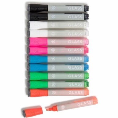 U Brands Liquid Glass Board Dry Erase Markers with Erasers, Low Odor, Bullet Tip, Assorted Colors, 12-Count - 2913U00-12 - Medium Marker Point - Bullet Marker Point Style - Assorted Liquid Ink - Gray 
