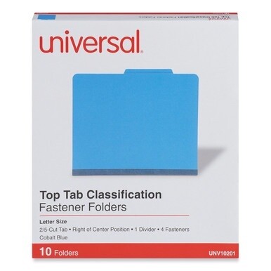 Bright Colored Pressboard Classification Folders, 2&quot; Expansion, 1 Divider, 4 Fasteners, Letter Size, Cobalt Blue, 10/Box