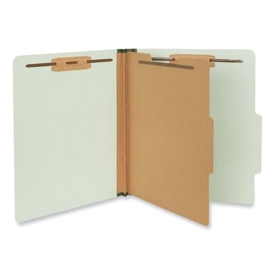 Four-Section Pressboard Classification Folders, 2&quot; Expansion, 1 Divider, 4 Fasteners, Letter Size, Gray-Green, 10/Box