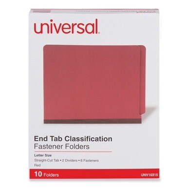 Red Pressboard End Tab Classification Folders, 2&quot; Expansion, 2 Dividers, 6 Fasteners, Letter Size, Red Exterior, 10/Box