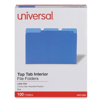 Interior File Folders, 1/3-Cut Tabs: Assorted, Letter Size, 11-pt Stock, Blue, 100/Box