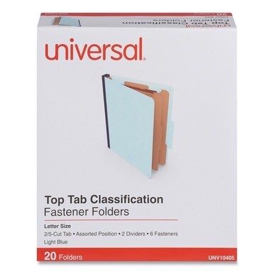 Six-Section Pressboard Classification Folders, 2.5&quot; Expansion, 2 Dividers, 6 Fasteners, Letter Size, Light Blue, 20/Box