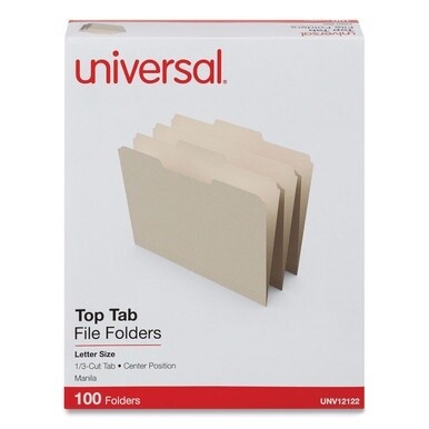 Top Tab File Folders, 1/3-Cut Tabs: Center Position, Letter Size, 0.75&quot; Expansion, Manila, 100/Box