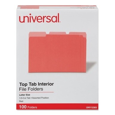 Interior File Folders, 1/3-Cut Tabs: Assorted, Letter Size, 11-pt Stock, Red, 100/Box