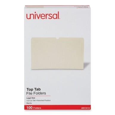 Top Tab File Folders, 1/2-Cut Tabs: Assorted, Legal Size, 0.75&quot; Expansion, Manila, 100/Box