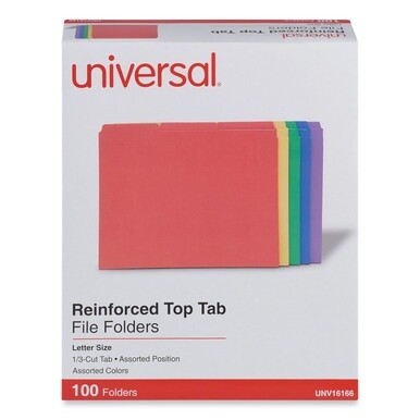Reinforced Top-Tab File Folders, 1/3-Cut Tabs: Assorted, Letter Size, 1&quot; Expansion, Assorted Colors, 100/Box