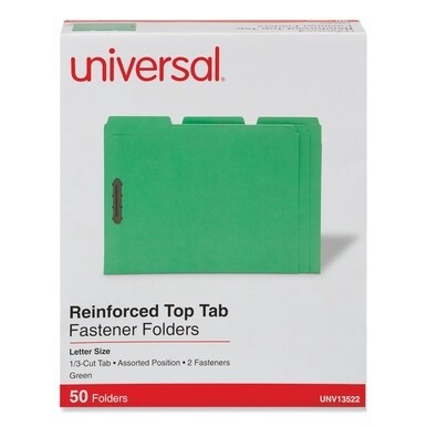 Deluxe Reinforced Top Tab Fastener Folders, 0.75&quot; Expansion, 2 Fasteners, Letter Size, Green Exterior, 50/Box