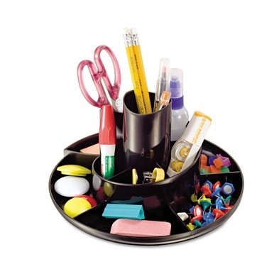 Rotary Desk Organizer, 11 Compartments, Plastic, 8.75&quot; Diameter x 5.38&quot;h, Black