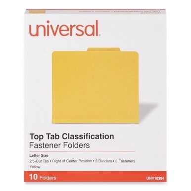 Bright Colored Pressboard Classification Folders, 2" Expansion, 2 Dividers, 6 Fasteners, Letter Size, Yellow Exterior, 10/Box