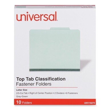 Six-Section Pressboard Classification Folders, 2&quot; Expansion, 2 Dividers, 6 Fasteners, Letter Size, Gray-Green, 10/Box