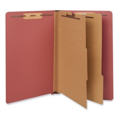 Red Pressboard End Tab Classification Folders, 2&quot; Expansion, 2 Dividers, 6 Fasteners, Legal Size, Red Exterior, 10/Box