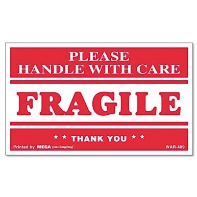 Printed Message Self-Adhesive Shipping Labels, FRAGILE Handle with Care, 3 x 5, Red/Clear, 500/Roll