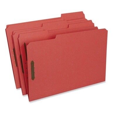 Deluxe Reinforced Top Tab Fastener Folders, 0.75&quot; Expansion, 2 Fasteners, Legal Size, Red Exterior, 50/Box