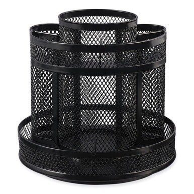Metal Mesh Rotating Desktop Organizer, 8 Compartments, Metal Mesh, 6.5&quot; Diameter x 6.13&quot;h, Black