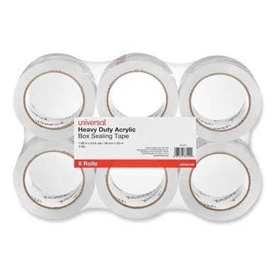 Heavy-Duty Acrylic Box Sealing Tape, 3&quot; Core, 1.88&quot; x 54.6 yds, Clear, 6/Pack
