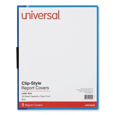 Clip-Style Report Cover, Clip Fastener, 8.5 x 11, Clear/Blue, 5/Pack