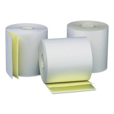 Carbonless Paper Rolls, 0.44&quot; Core, 3&quot; x 90 ft, White/Canary, 50/Carton