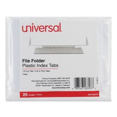Hanging File Folder Plastic Index Tabs, 1/3-Cut, Clear, 3.7&quot; Wide, 25/Pack