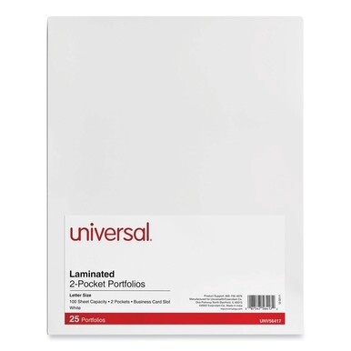 Laminated Two-Pocket Portfolios, Cardboard Paper, 100-Sheet Capacity, 11 x 8.5, White, 25/Box