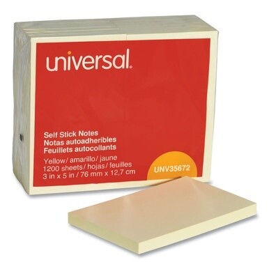 Self-Stick Note Pads, 3&quot; x 5&quot;, Yellow, 100 Sheets/Pad, 12 Pads/Pack