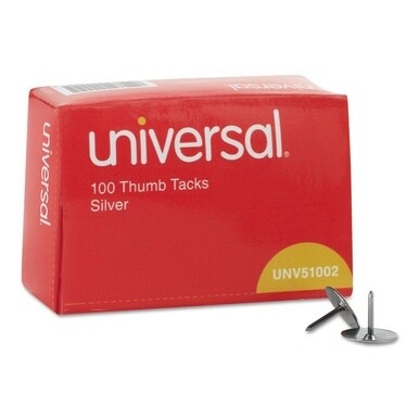 Thumb Tacks, Steel, Silver, 0.31&quot;, 100/Box
