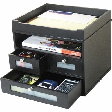 Victor 5500-5 Midnight Black Tidy Tower - 10.9&quot; Height x 12.8&quot; Width x 10.6&quot; Depth - Desktop - Black - Wood, Faux Leather - 1Each