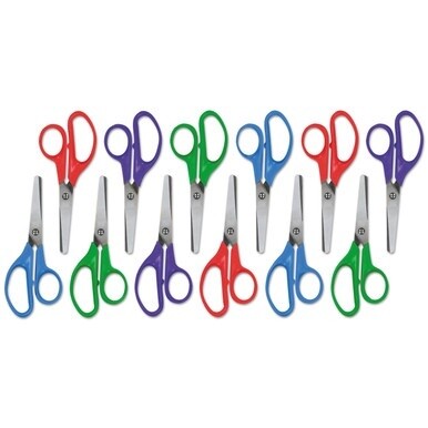 Kids&#39; Scissors, Rounded Tip, 5&quot; Long, 1.75&quot; Cut Length, Assorted Straight Handles, 12/Pack