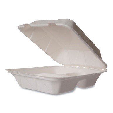 White Molded Fiber Clamshell Containers, 3-Compartment, 8 x 17 x 2, White, Sugarcane, 200/Carton