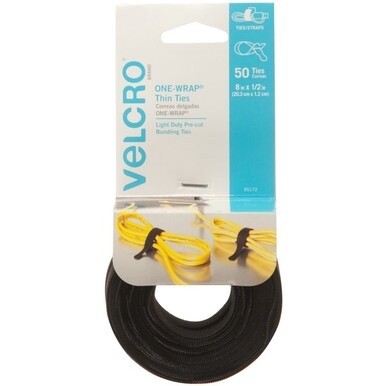 VELCRO&amp;reg; One Wrap Light-duty Thin Bundling Ties - 5" Width - 8" Length - Black - 50 / Pack