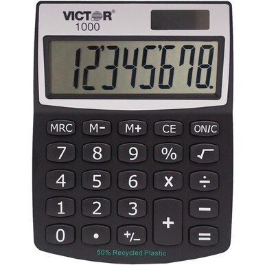 Victor 1000 Mini Desktop Calculator - Large LCD, Battery Backup, Independent Memory, Plastic Key, Dual Power - 0.71" - 8 Digits - LCD - Battery/Solar Powered - 0.5" x 3.3" x 4.3" - Black - Plastic - 1