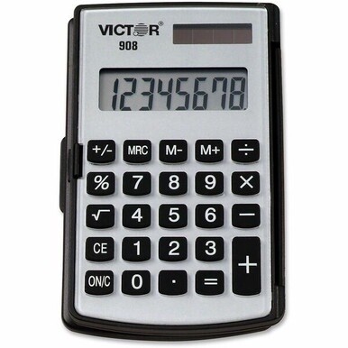 Victor 908 Handheld Calculator - Big Display, Battery Backup, Independent Memory, Rounded Keytop, Dual Power - 8 Digits - LCD - Battery/Solar Powered - 2.9&quot; x 4.4&quot; x 0.4&quot; - Black - Rubber Keys- 1 Each