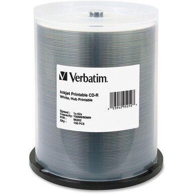 Verbatim 95252 CD Recordable Media - CD-R - 52x - 700 MB - 100 Pack Spindle - 120mm - Printable - Inkjet Printable - 133.53 Hour Maximum Recording Time