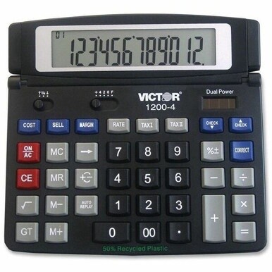 Victor 12004 Desktop Calculator - Auto Power Off, Big Display, Auto Replay, Easy-to-read Display, Dual Power - 12 Digits - LCD - Battery/Solar Powered - 0.5&quot; x 7.3&quot; x 6.4&quot; - Black - 1 Each
