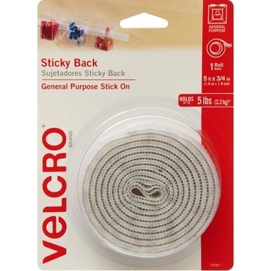VELCRO&amp;reg; 90087 General Purpose Sticky Back - 5 ft Length x 0.75" Width - Dispenser Included - For Mounting, Multi Surface - 1 / RollRoll - White