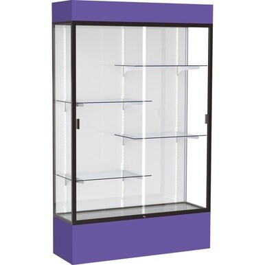 Waddell Lighted Floor Case, White Back w/ Dark Bronze Frame &amp; Colored Base - 48" x 16" x 80" - 4 x Shelf(ves) - Sliding Door(s) - 25 lb Load Capacity - Lockable, Adjustable Shelf, Handcrafted, LED Lig