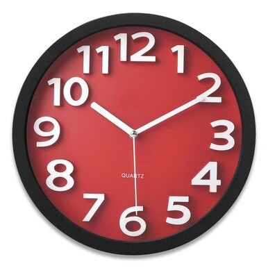 Wall Clock with Raised Numerals and Silent Sweep Dial, 13&quot; Overall Diameter, Black Case, Red Face, 1 AA (sold separately)