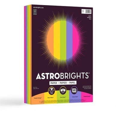 Astrobrights Color Copy Paper "Happy" , 5 Assorted Colours - Letter - 8 1/2" x 11" - 24 lb Basis Weight - 500 / Ream - Acid-free, Lignin-free - Cosmic Orange, Solar Yellow, Terra Green, Venus Violet, 