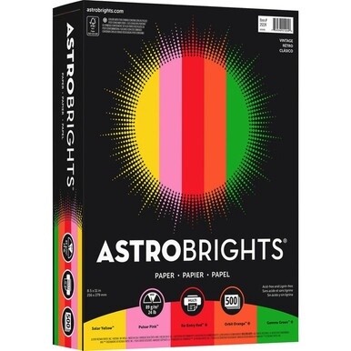 Astrobrights Color Copy Paper "Vintage" , 5 Assorted Colours - Letter - 8 1/2" x 11" - 24 lb Basis Weight - 500 / Ream - Acid-free, Lignin-free - Solar Yellow, Pulsar Pink, Re-entry Red, Orbit Orange,