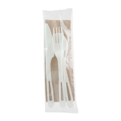 TPLA Compostable Cutlery, Knife/Fork/Spoon/Napkin, 6&quot;, White, 250/Carton